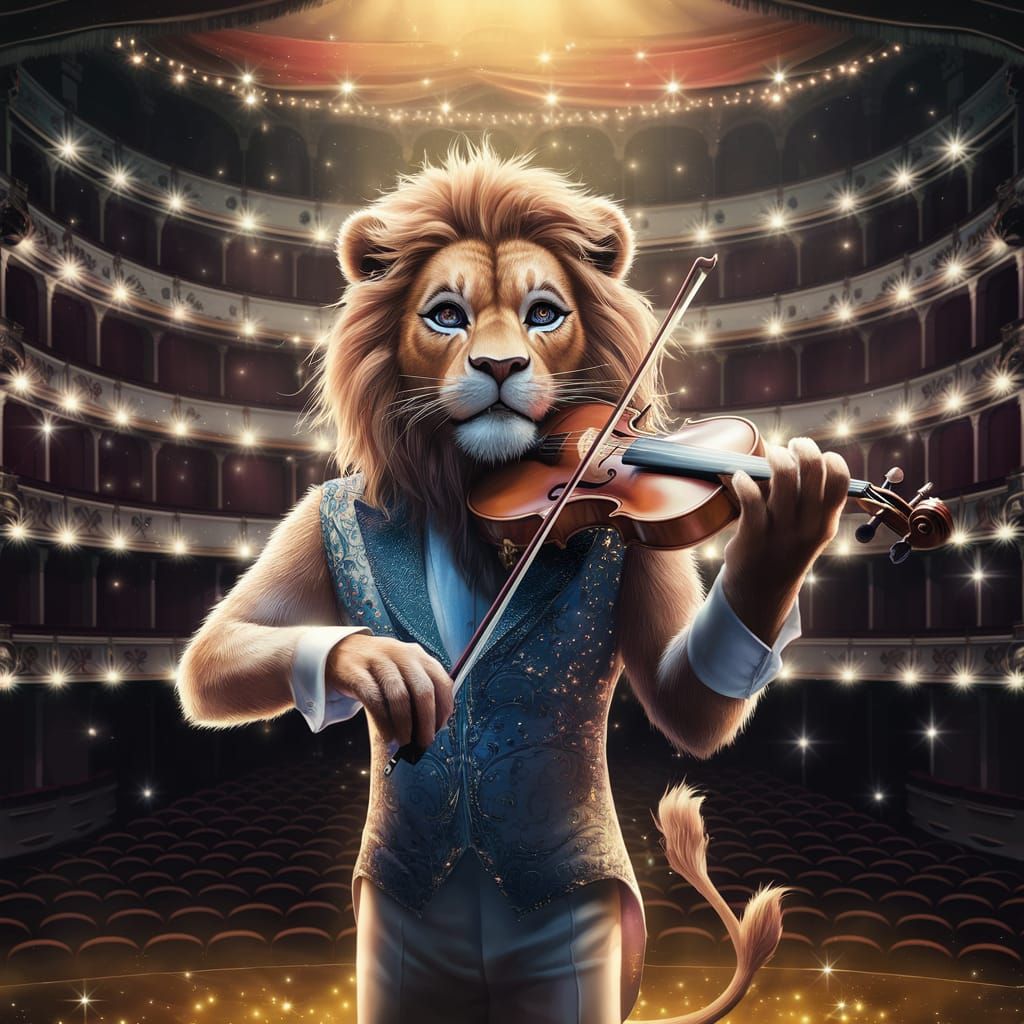 Anime Lion Playing Violin in a Theater