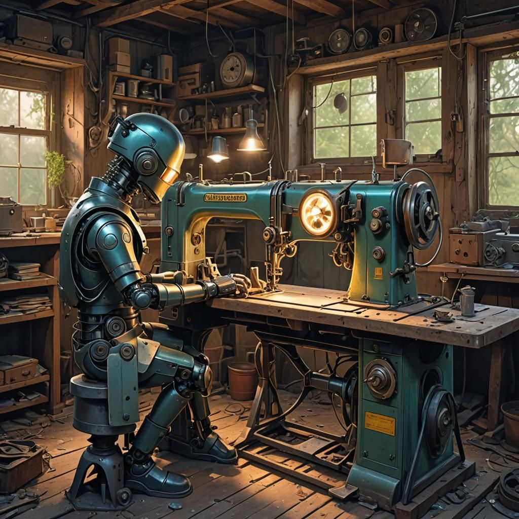 Robot Boy and Dieselpunk Sewing Machine in Abandoned Farmhou...