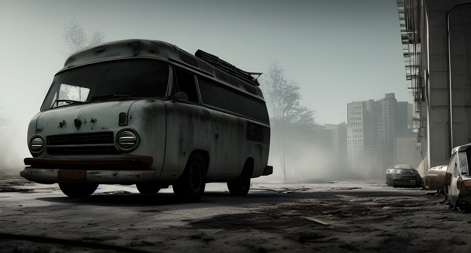 Van Drifting Through Post-Apocalyptic World in Hyperrealism