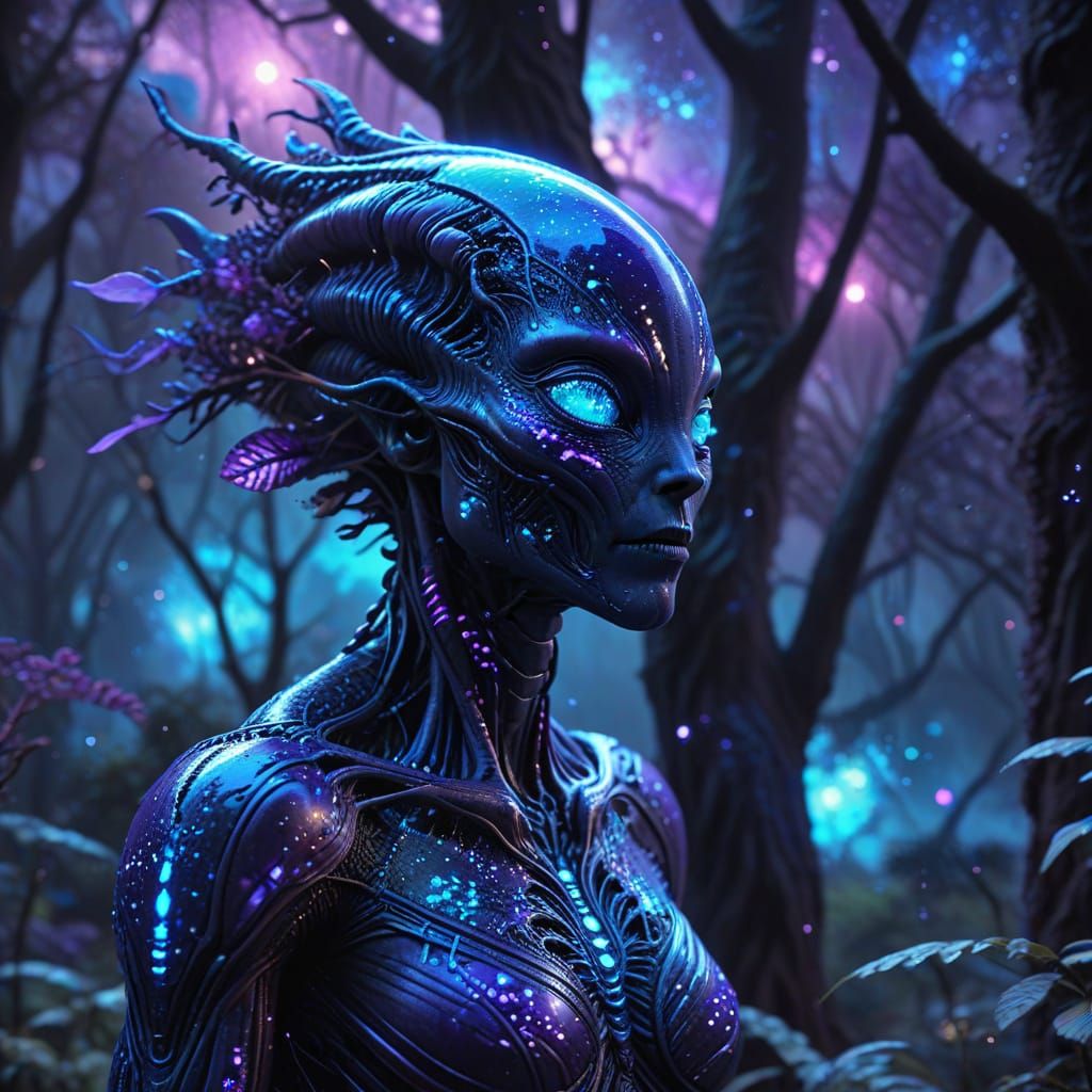 Glowing Forest of Iridescent Trees under Starry Night Sky