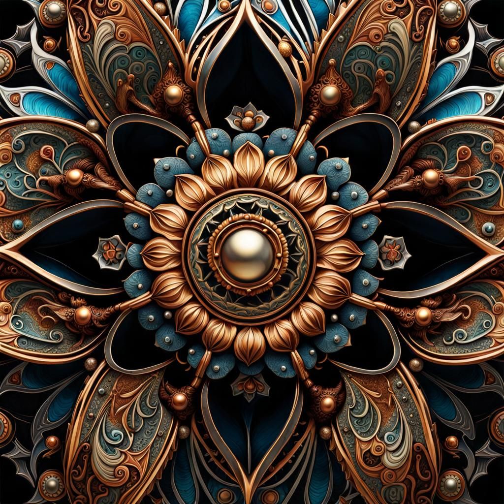 Detailed Metal Flower Mandala with Fantasy Creatures