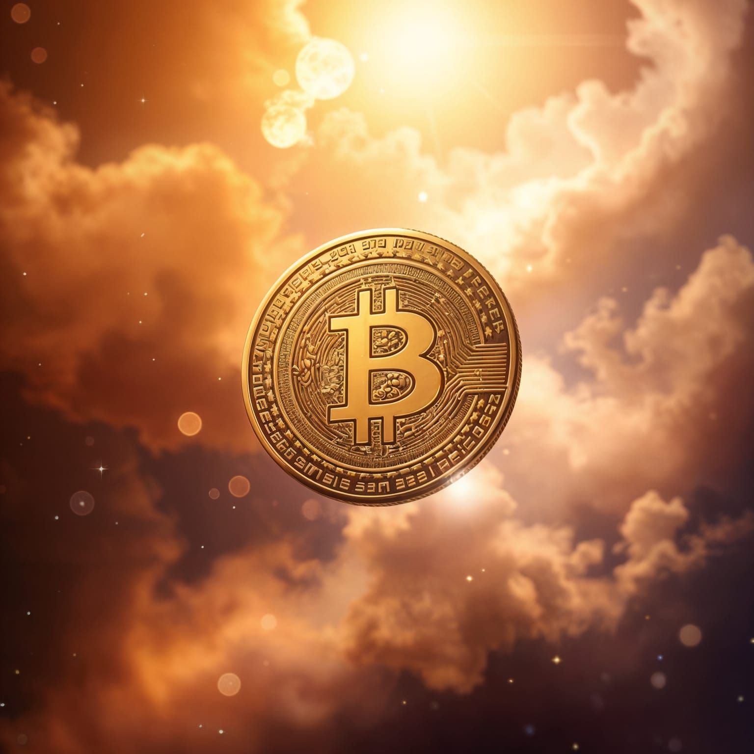 Golden Coin Drifts Amidst Swirling Nebulae in a Vibrant Digi...
