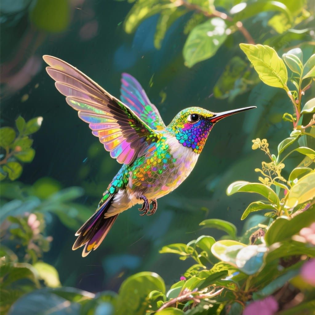 Vibrant Hummingbird in Lush Foliage, Surreal Realism