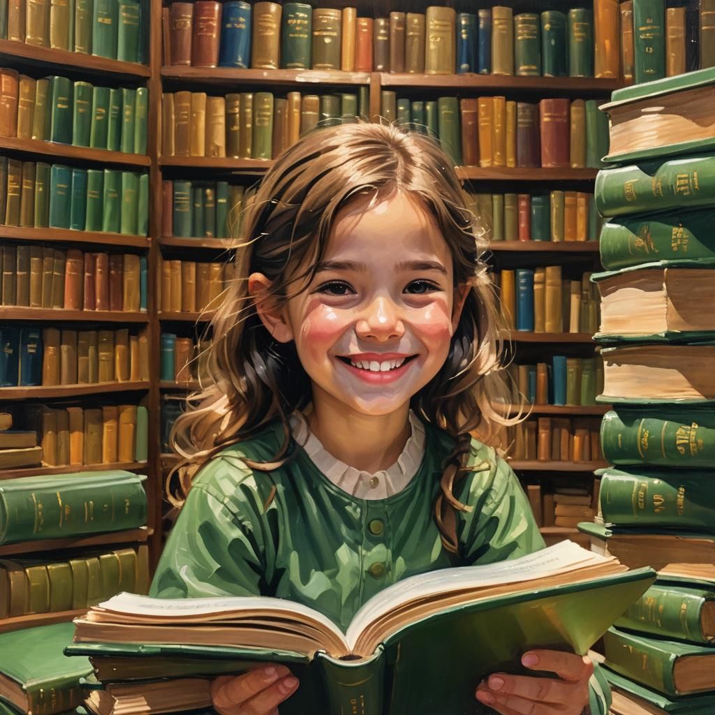 Girl Reading in Library: Vibrant Oil Painting