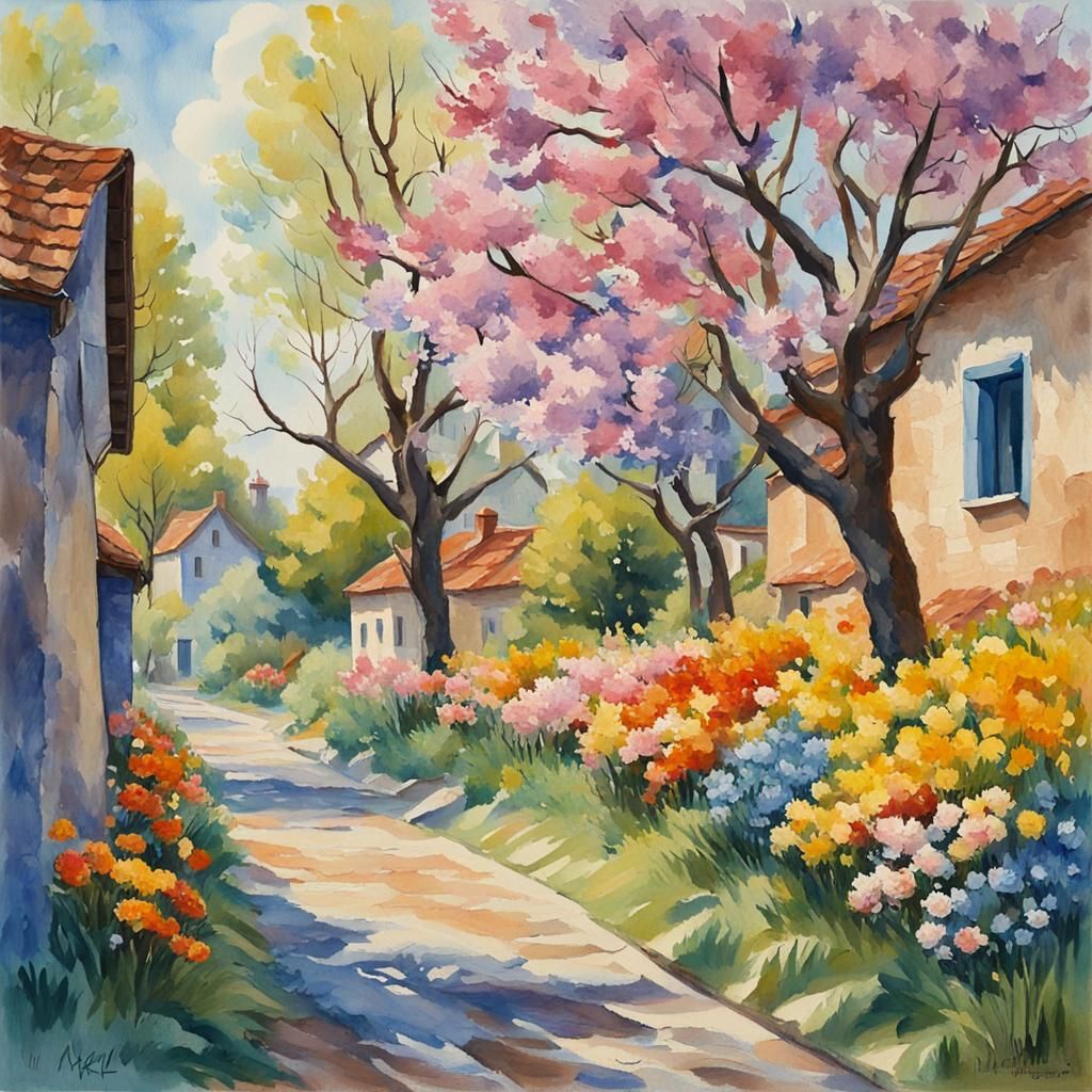 Spring Village Watercolor in Gouache Style
