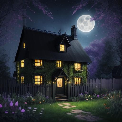 Witch's Cottage Under Moonlight in Astral Style