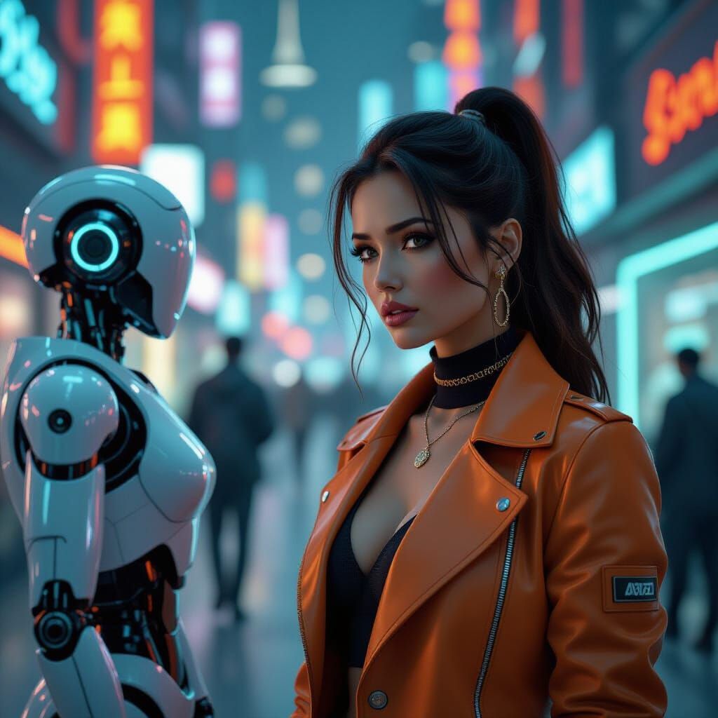 Futuristic City: Woman, Man, and AI Robot Girlfriend