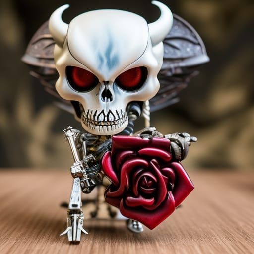 "Intricate, Cute Demon Skeleton, big shiny eyes, holding a gatling gun, with a blood red rose, flawless, fantastical cre...