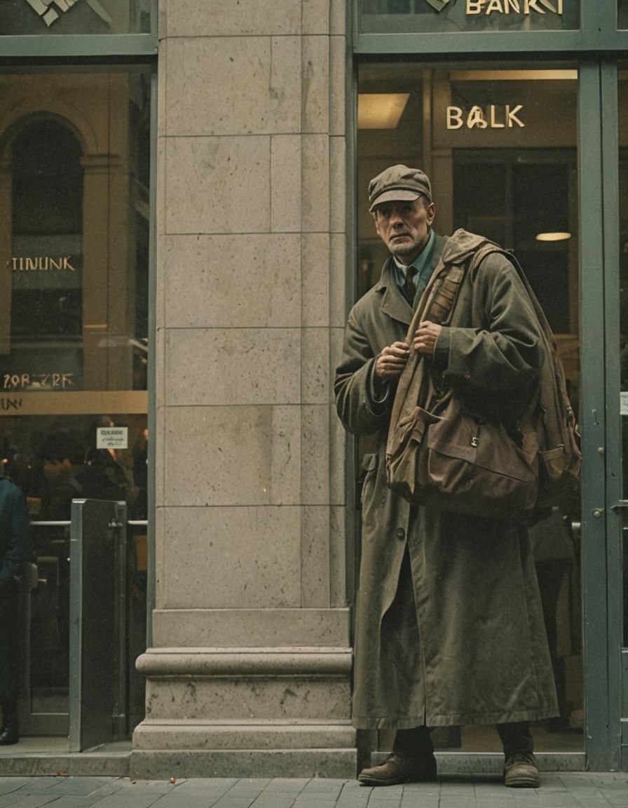Figure at Bank Entrance: Cinematic Film Still