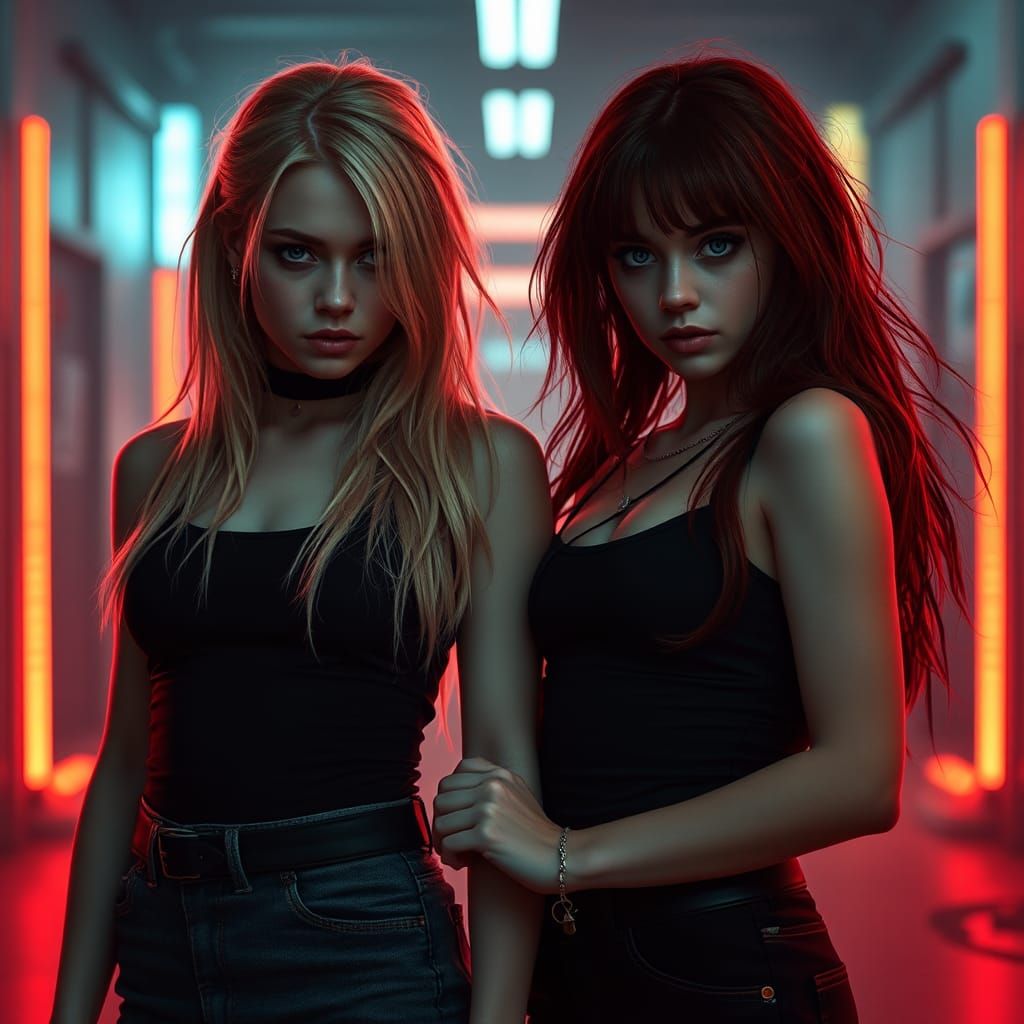 Hyperrealistic Cyberpunk Portrait of Twin Women