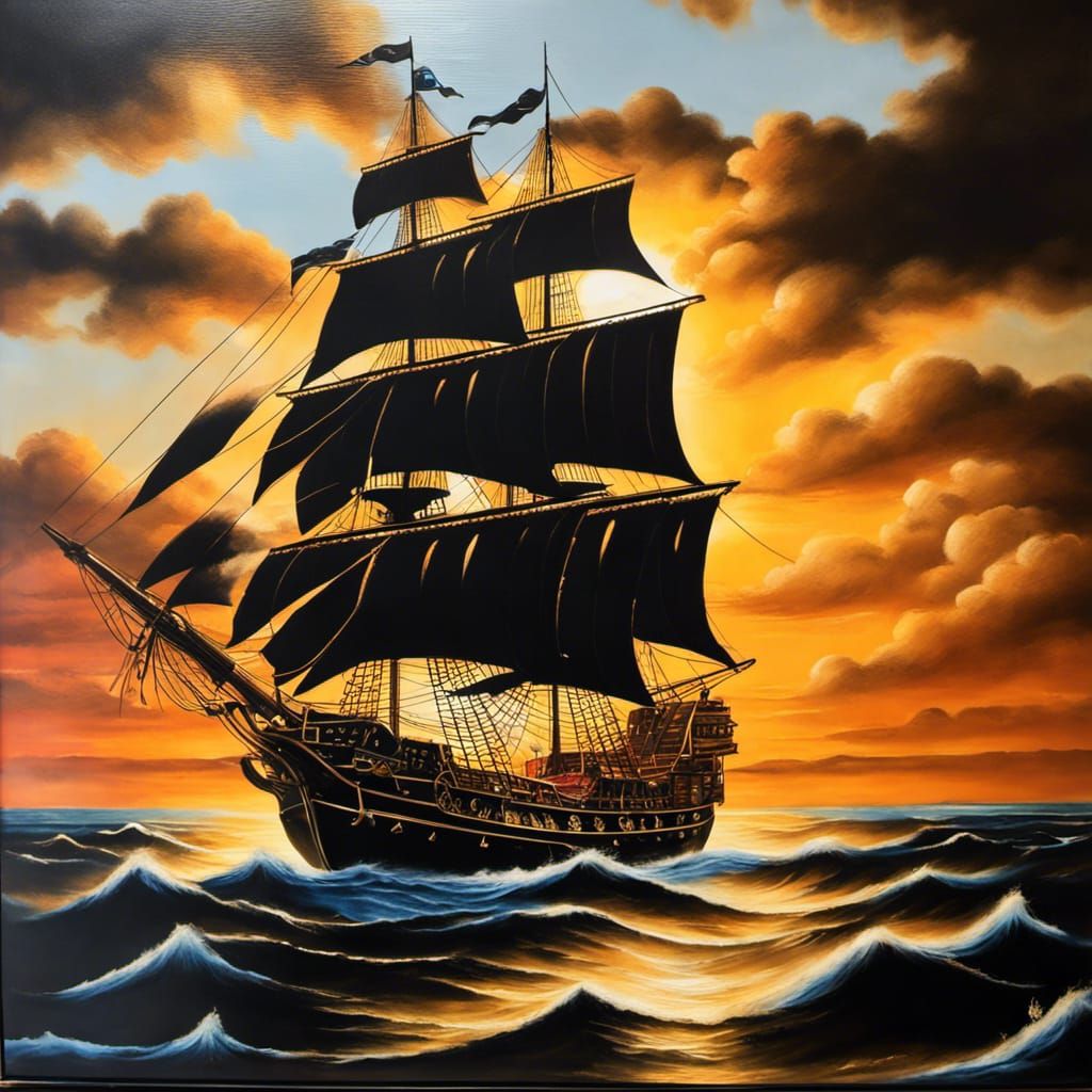 Black Velvet Pirate Ship Painting in Golden Sunlight