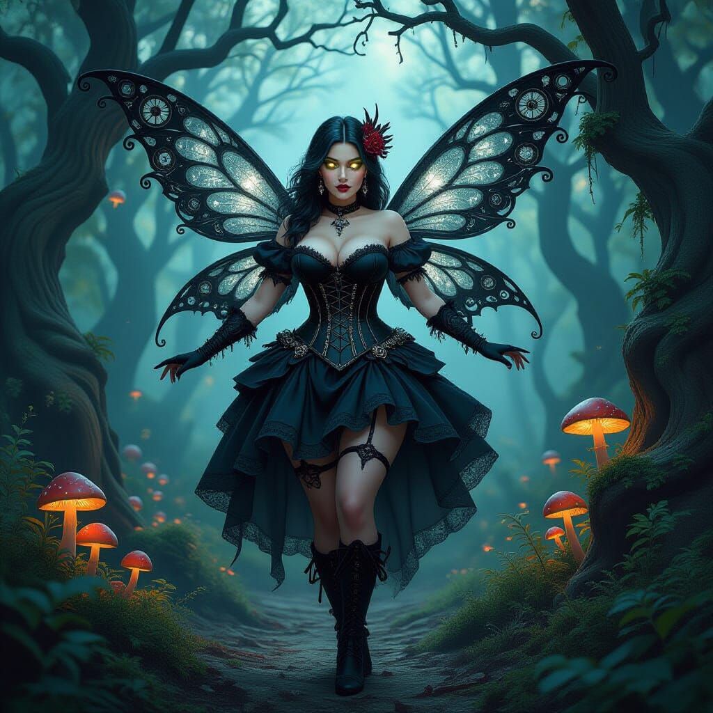 Gothic Fairy with Clockwork Wings in Haunted Forest