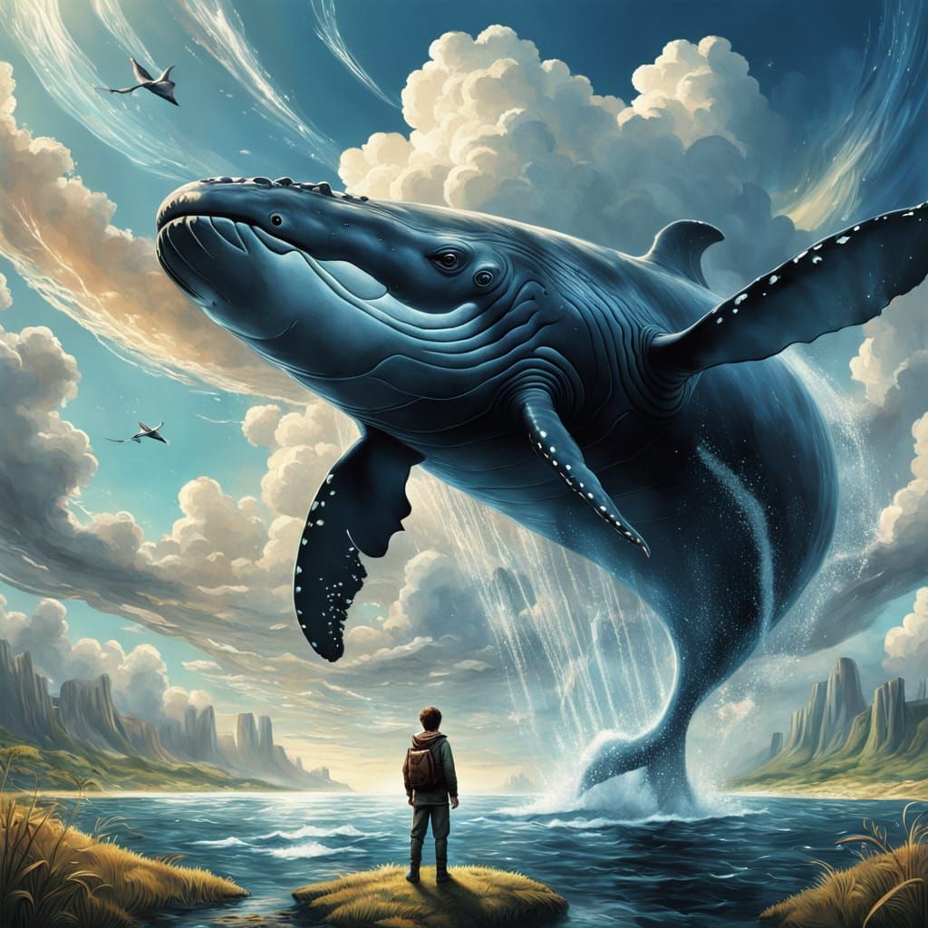 Boy and Soaring Whale in Surreal Sky
