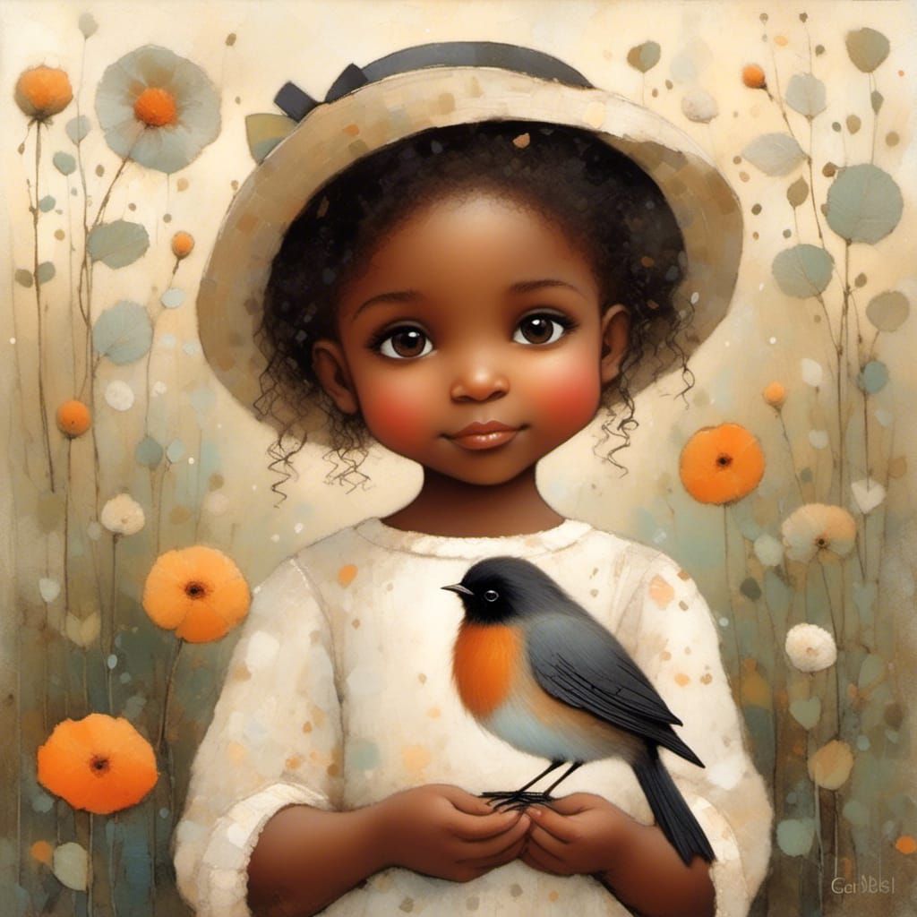 Toddler Girl Holds Robin in Whimsical Garden