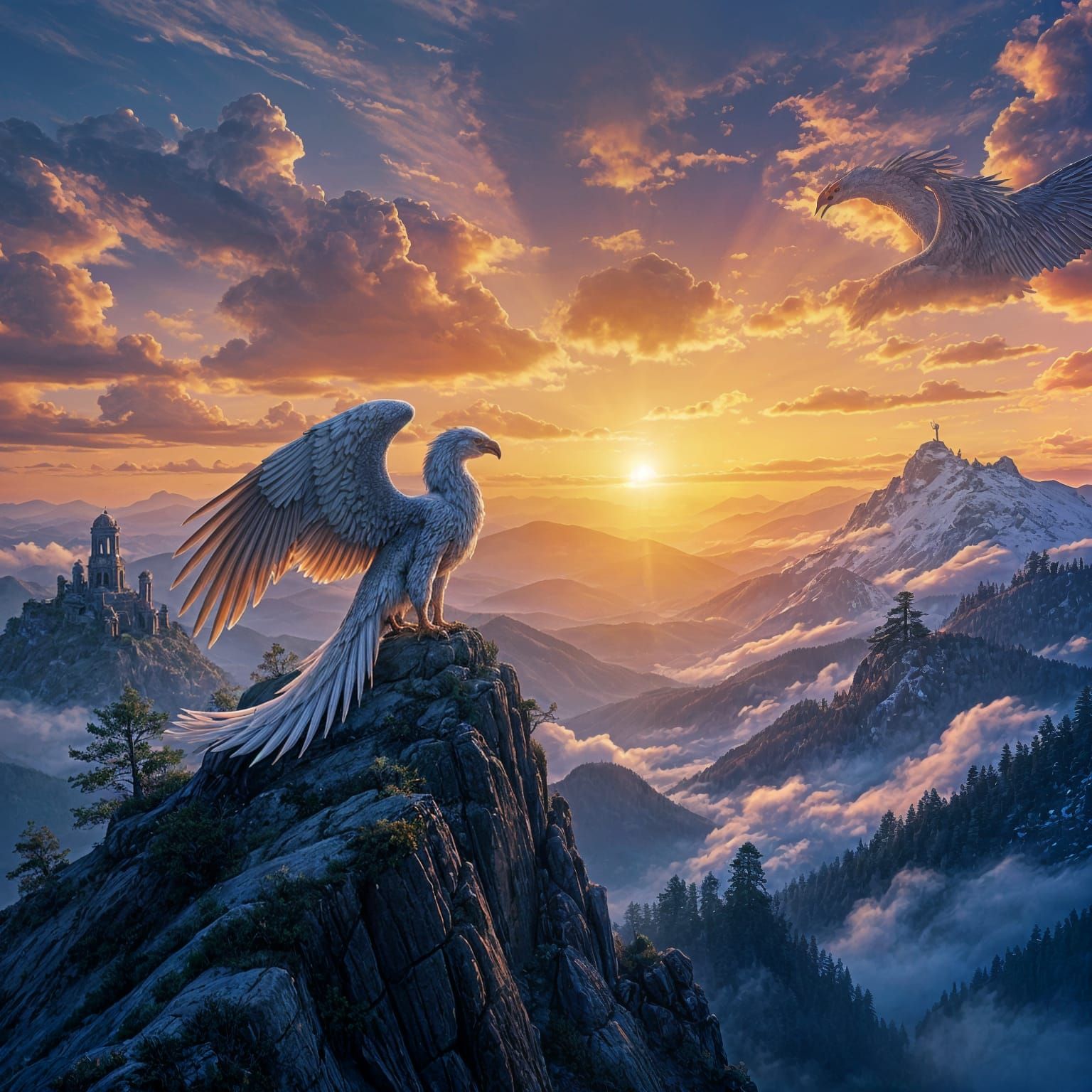 Griffin Perched on Mountain Peak at Sunrise