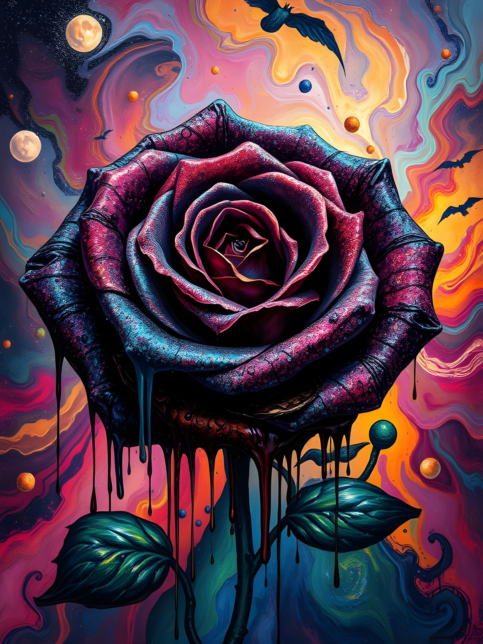 Surreal Whimsigoth Rose Blooms in a Melting Cosmic Landscape