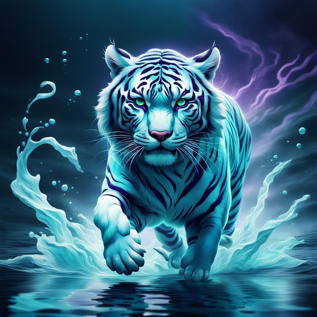 Luminous Tiger Runs on Water: Fantasy Concept Art