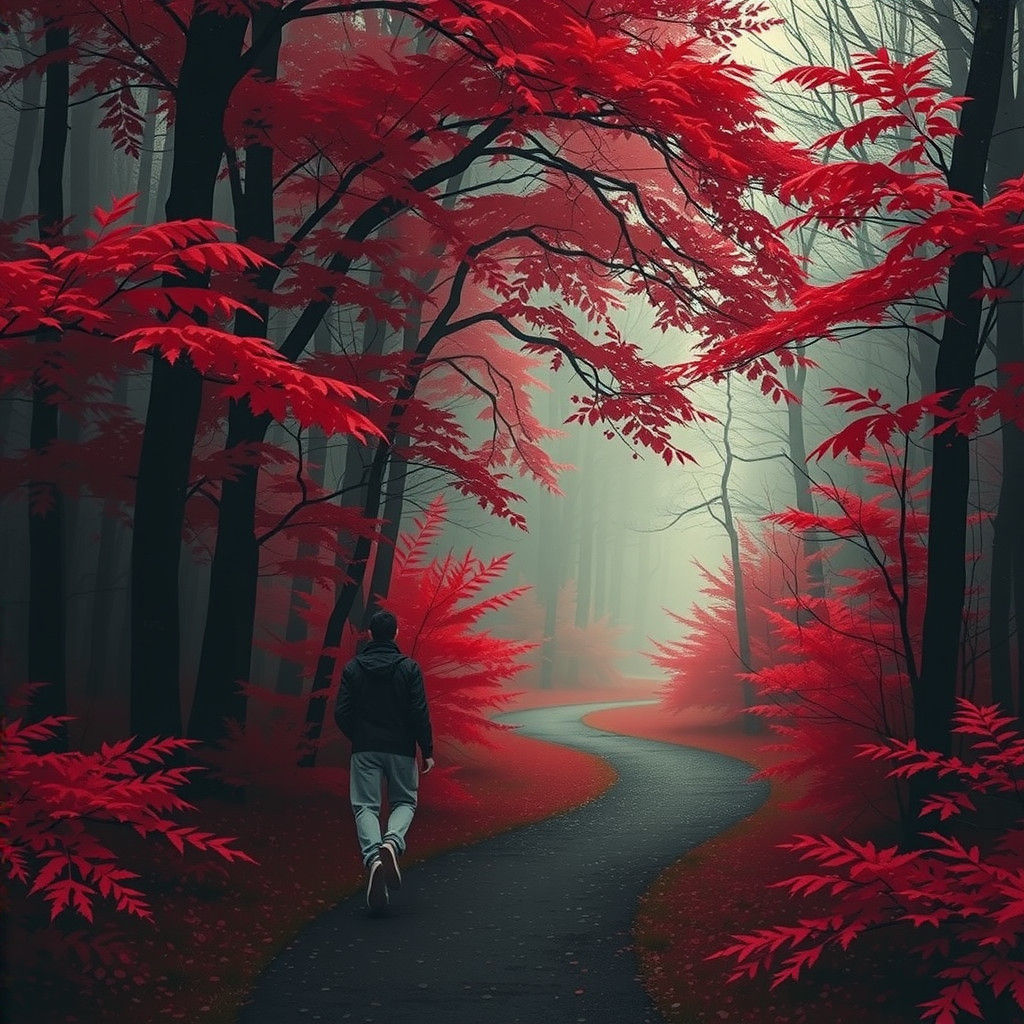 Vibrant Reds in a Monochrome Forest Landscape