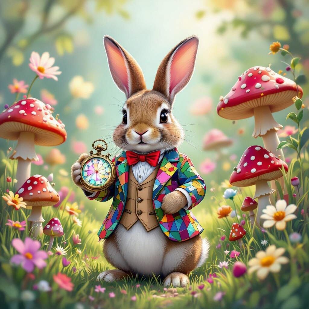 Whimsical Rabbit with Kaleidoscope Watch in Storybook Style