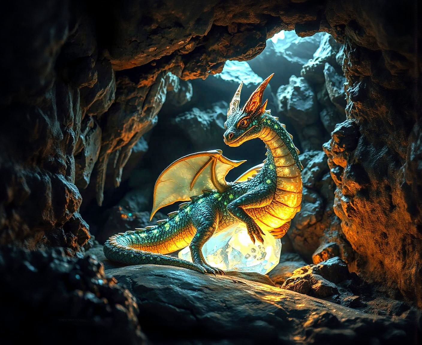 Bioluminescent Dragon Curled Around Crystal