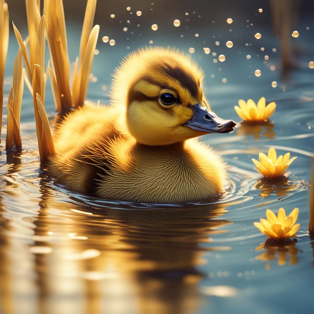 Cute Duckling in Pond, Impressionist Gouache Painting