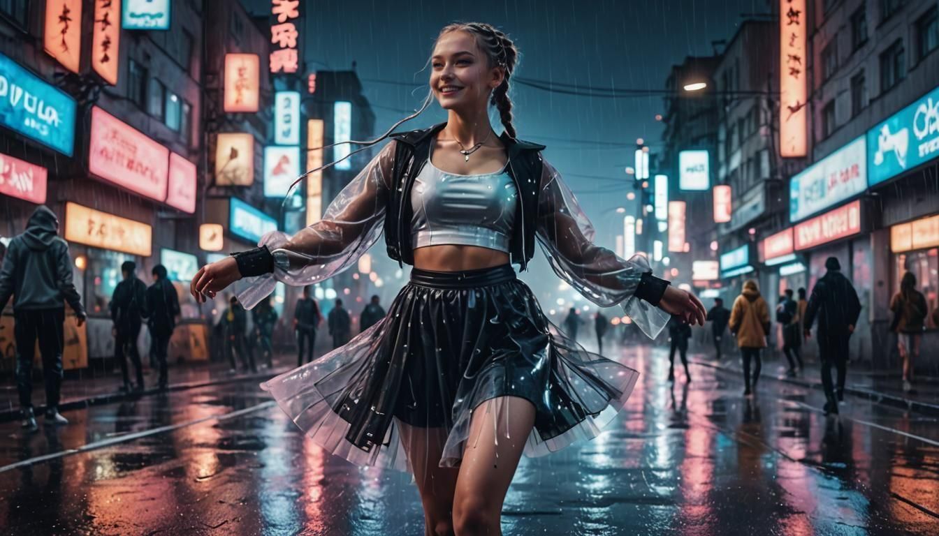 Cyberpunk Model Dances in Rainy, Neon Metropolis