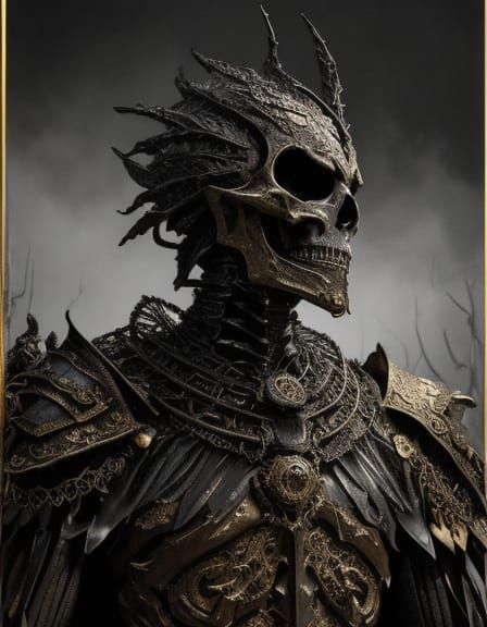 Golden Armored Skeleton in Dark Abstract Expressionism
