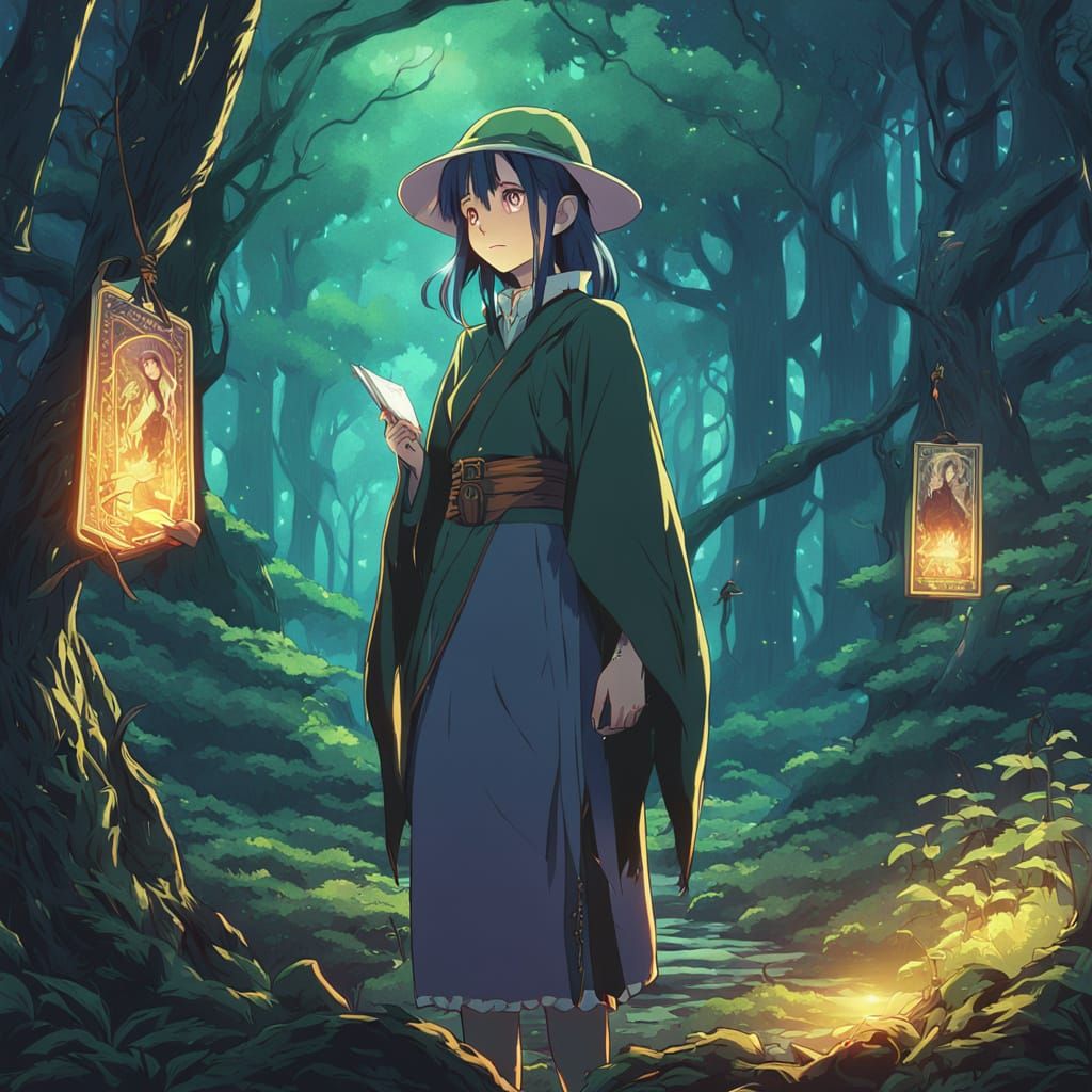 Anime Elf Witch with Tarot Cards in Dark Forest