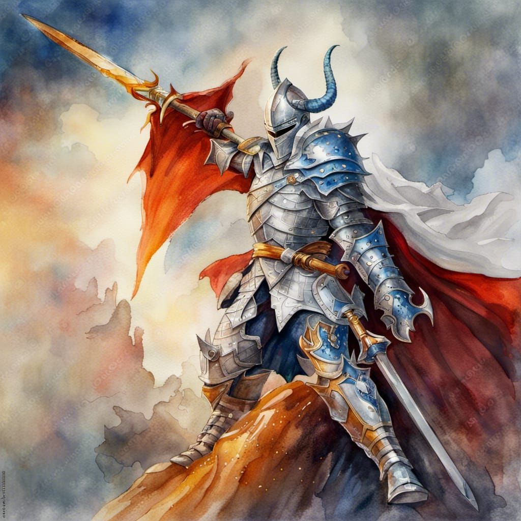 Dragon Knight in White Armor, Watercolor Style