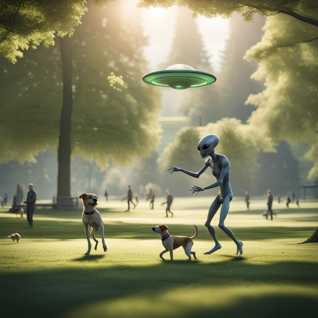 Alien, Dog, and Human Play Frisbee in Park