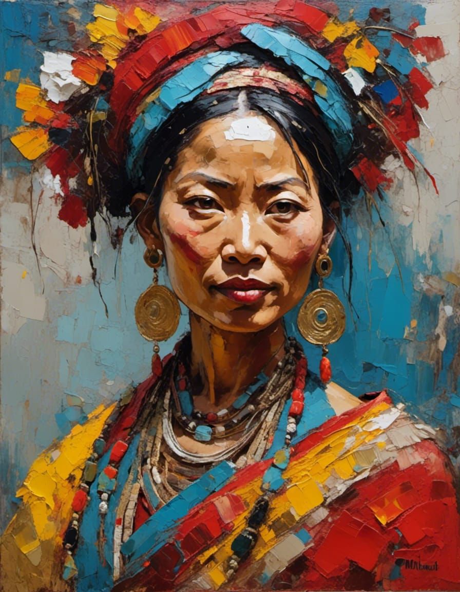 Tibetan Woman: Impasto Portrait in Expressionist Style
