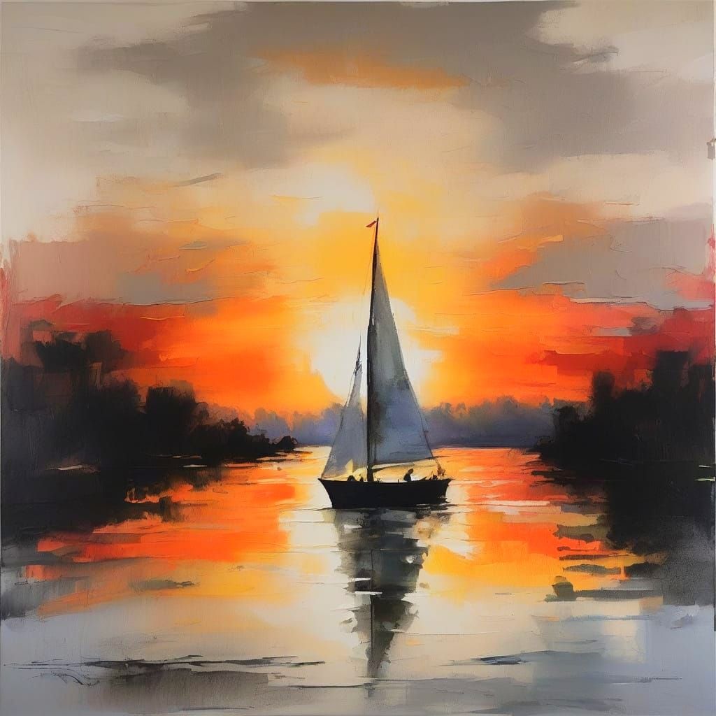 Sailing Boat on Lake at Sunset in Vibrant Ink Wash Style