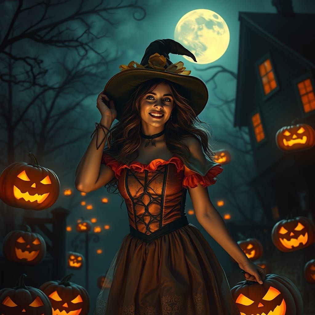 Woman in Halloween Costume on Spooky Moonlit Night