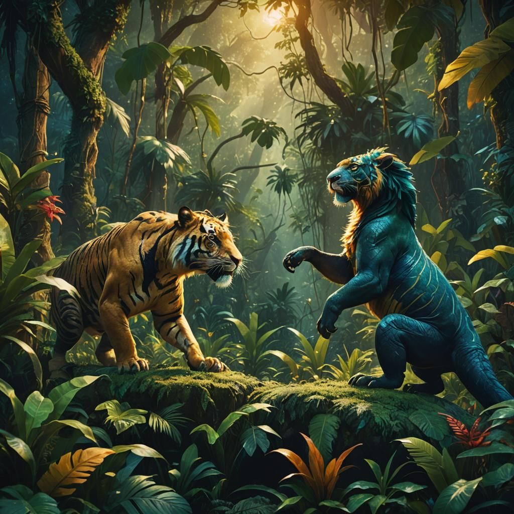 Mythical Animals Clash in Jungle, Oil Painting Style