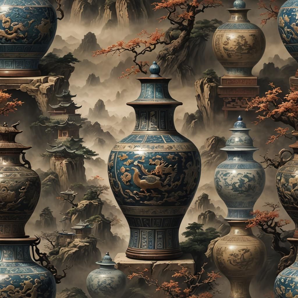 Ming Dynasty Chinese Vase in Museum: Digital Painting