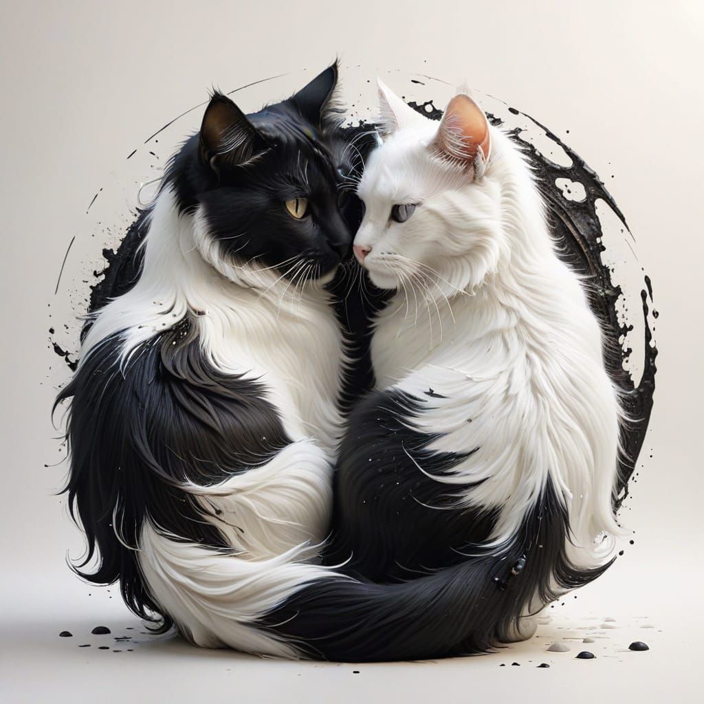 Yin Yang Cats Cuddling in Hyperrealistic Style