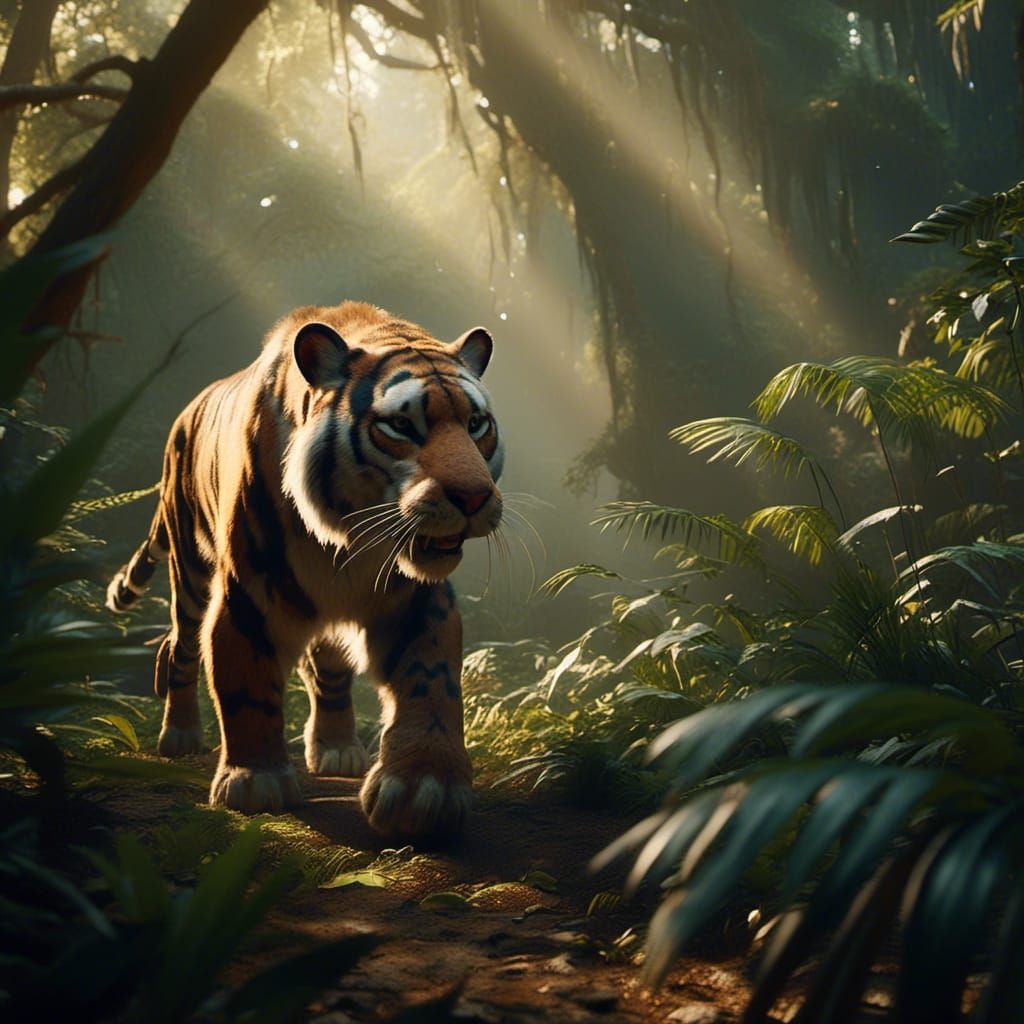 Saber-Toothed Tiger in Dense Jungle, Cinematic Style