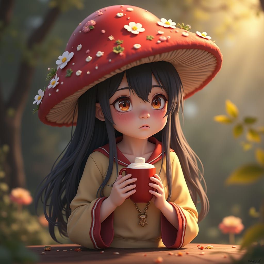 Surreal Mushroom Maiden Sobs Over Espresso Cup