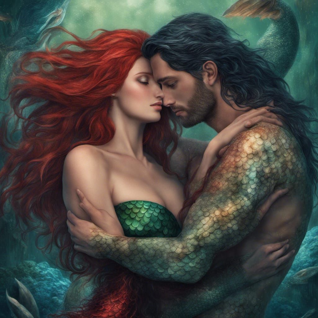Merman and Mermaid Embrace: Fantasy Concept Art