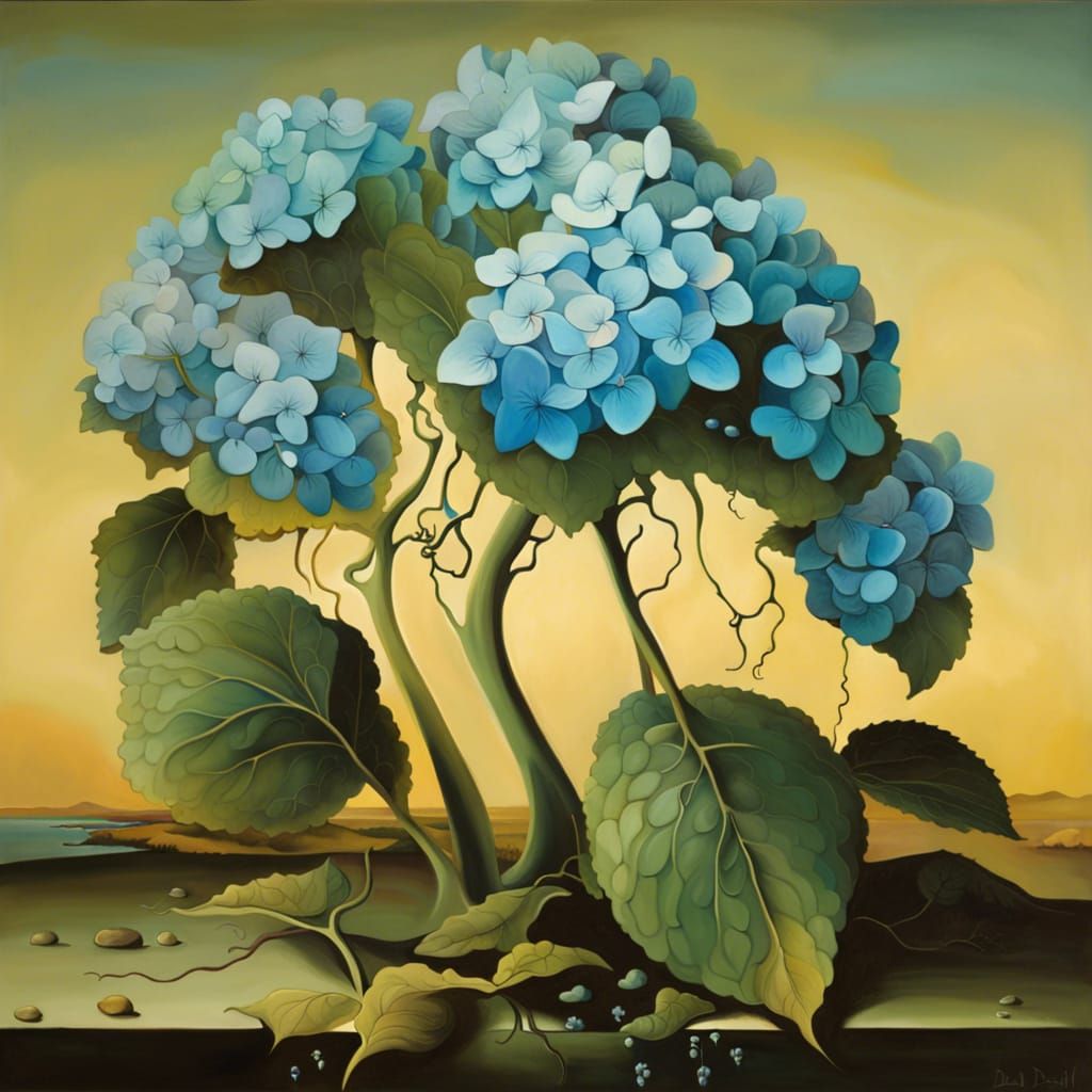 Surreal Hydrangeas Melting in Dreamlike Oil Painting