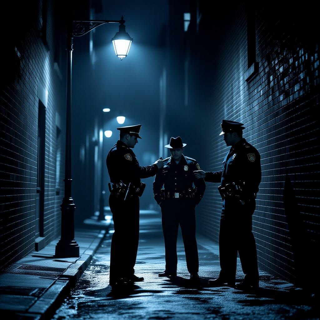 Police Officer Arrests Two Men in Dark Alleyway