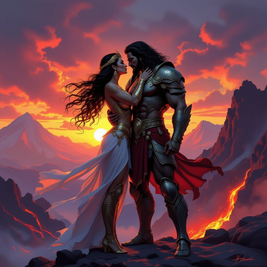 Warrior Goddess Embraces Ares Amidst Volcanic Sunset