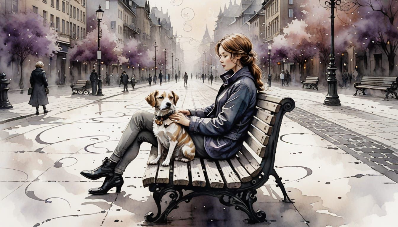 (woman and a dog on a bench:1.2), Natasha Wescoat and Willem Haenraets, (spirals and swirls in the fog:1.5), nacre and a...