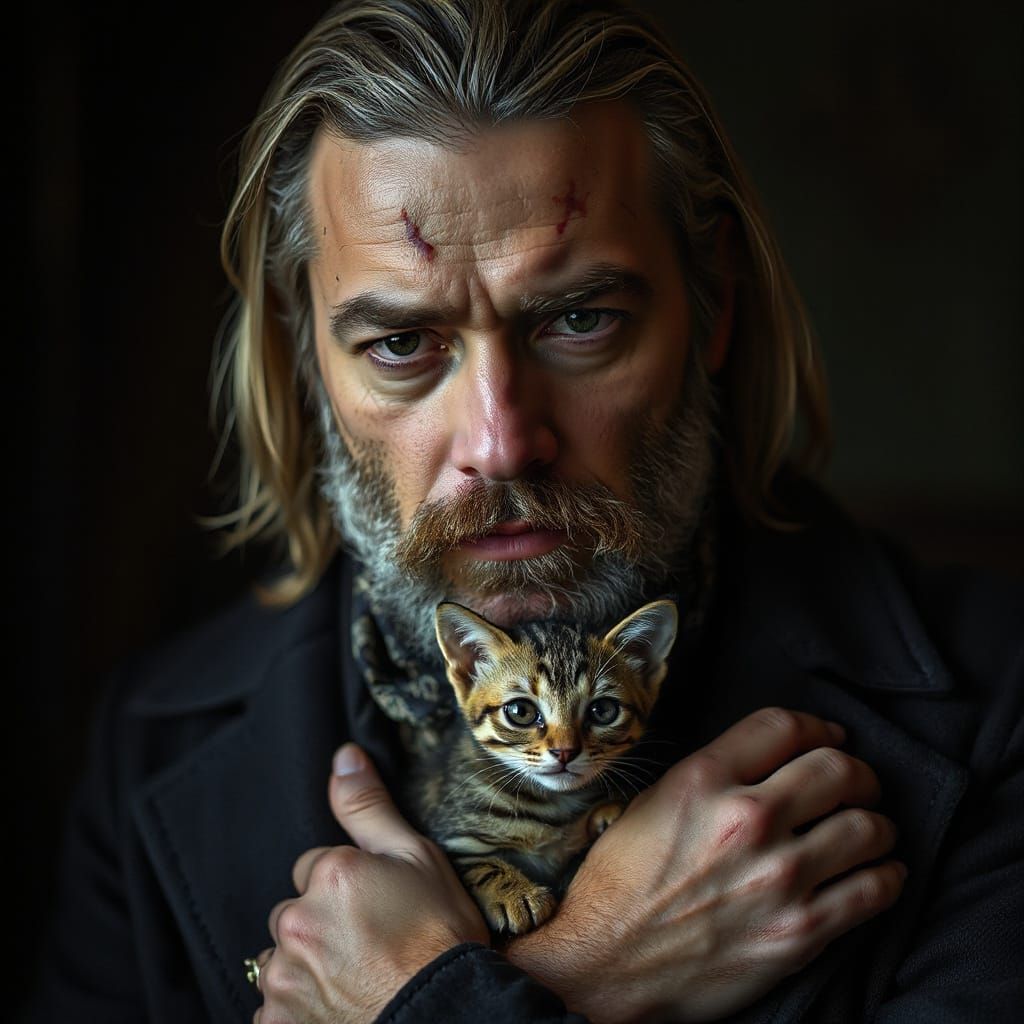 Rugged Man Tenderly Holds Kitten in Cinematic Portrait