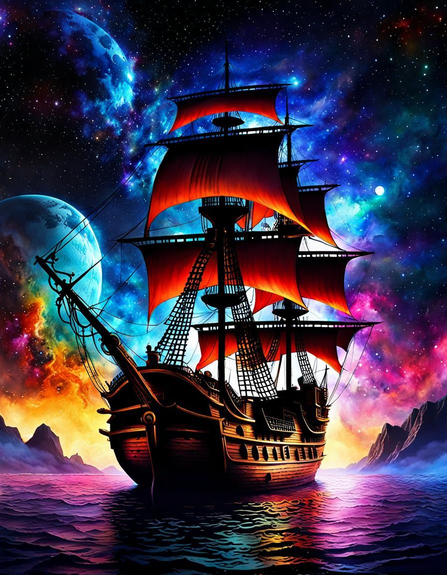 Pirate Ship Galaxy View in Watercolour Style
