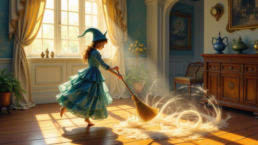 Enchanted Broom Dances in Watercolor Style