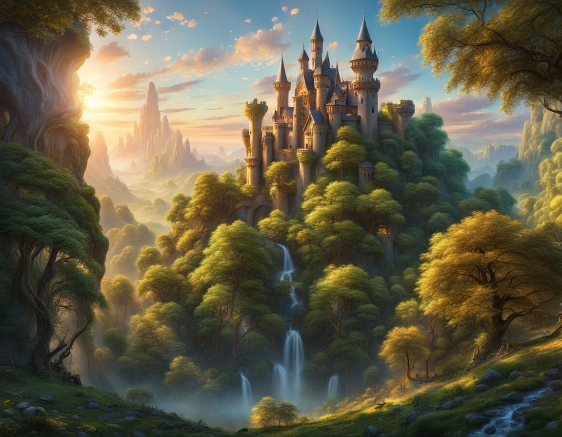 Picturesque Castle Forest at Golden Hour, Detailed Matte Pai...