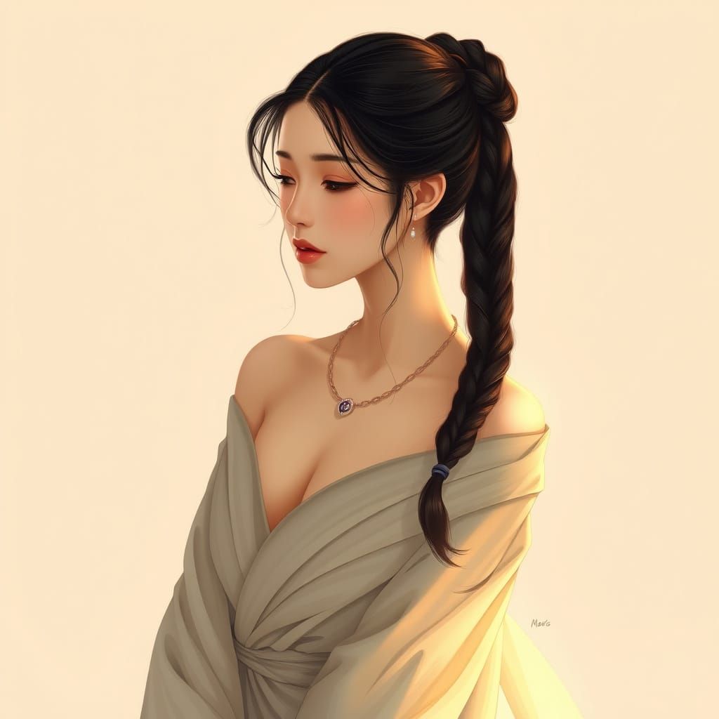 Elegant Woman in Refined Woodblock Style with Delicate Detai...