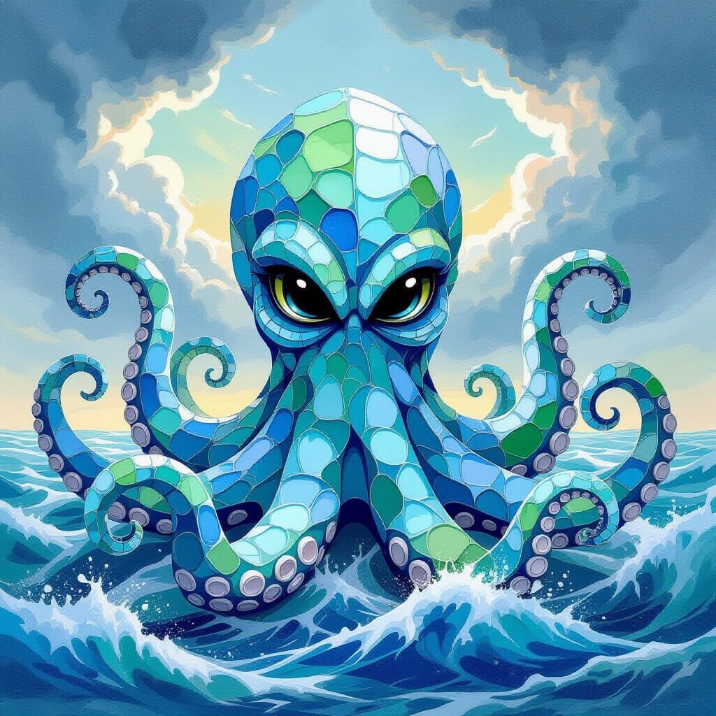 Sea Glass Kraken Rises From Swirling Ocean Gouache Art