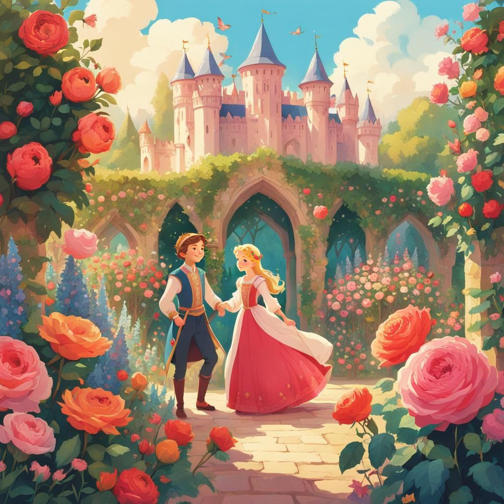Cheerful Prince and Princess in Rose Garden